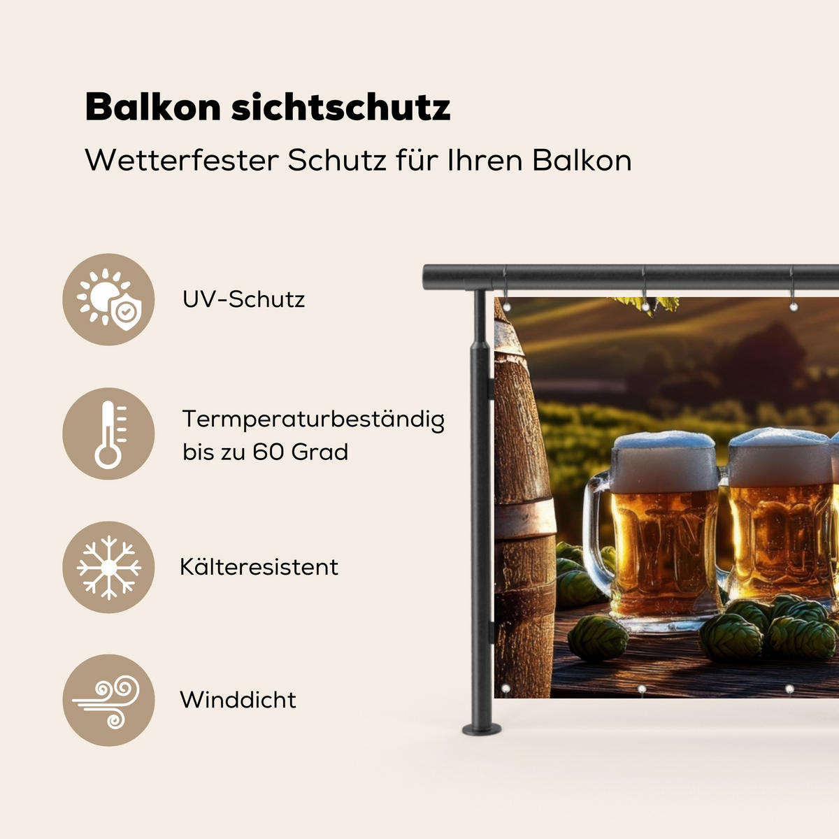 BALKON-SICHTSCHUTZ Bier - Hopfen - Landschaft - Grün, Kunststoff (300/110cm) - MuchoWow