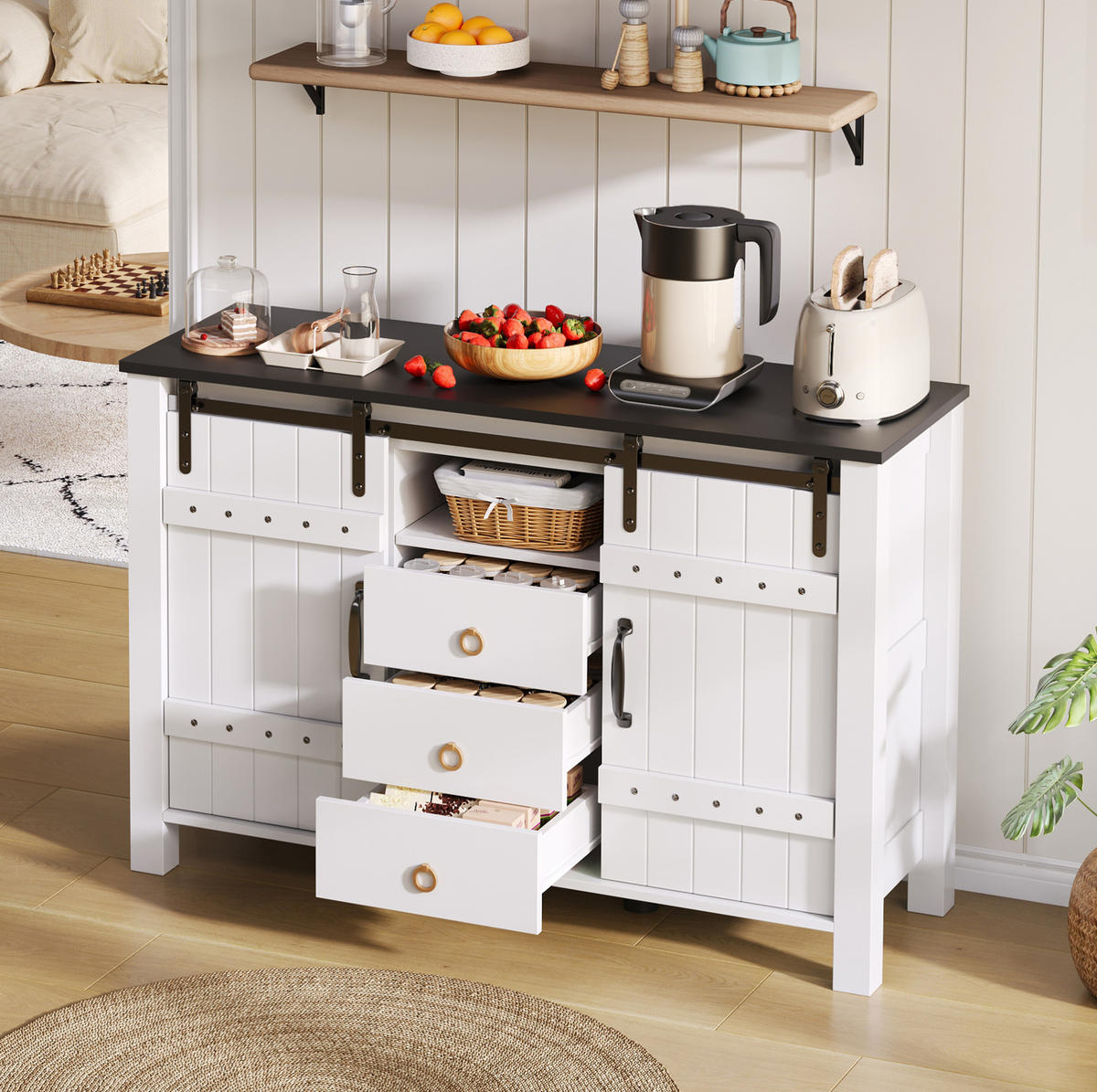 SIDEBOARD 120/40/80 cm mit 2 Schiebetüren & 3 Schubladen in Weiß - Weiß, Holzwerkstoff (120/80/40cm) - BEAOK