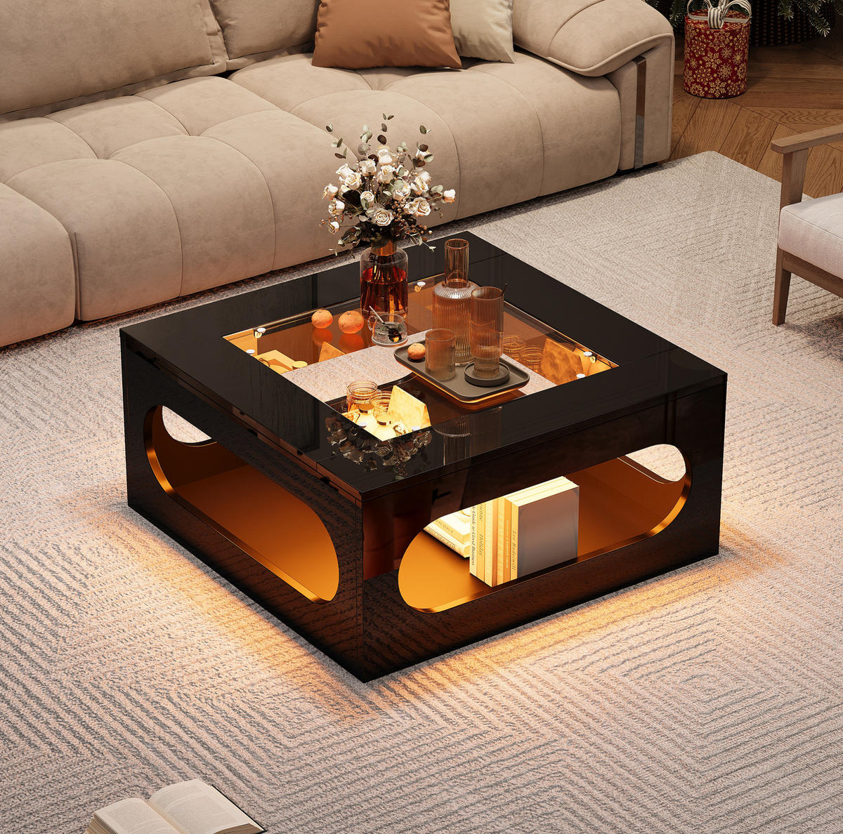 COUCHTISCH 70/70 cm in Schwarz mit LED-Beleuchtung und Glasplatte - Schwarz, Holzwerkstoff (70/70/35cm) - Flora Grace