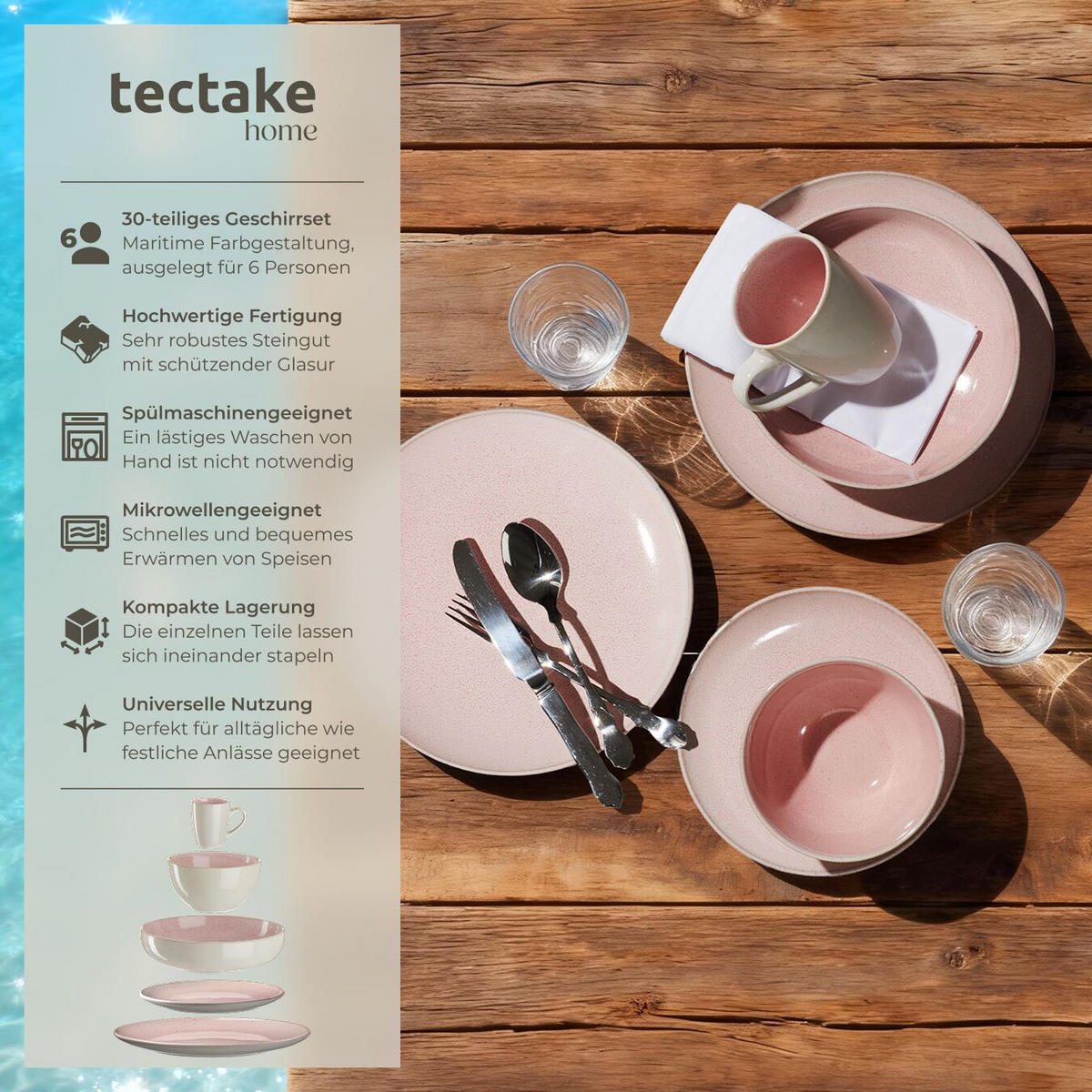 KOMBISERVICE Mare, ineinander stapelbar, rosa - Rosa, Keramik (26.5/2.5/26.5cm) - tectake