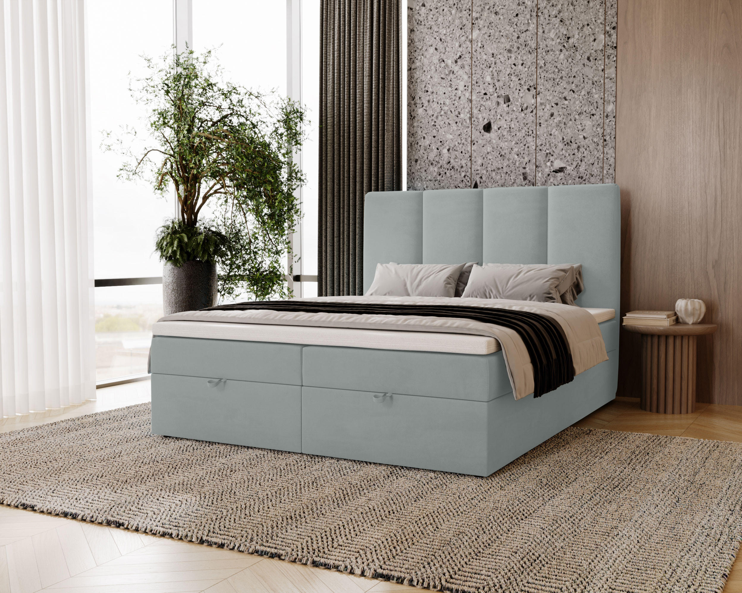 BOXBETT Malmo mit 2 Bettkästen, 120x200, Hellgrau, Velourstoff, Doppelbett mit Bonell-Matratze inkl. Topper - Hellgrau, Holz/Kunststoff (120/200cm)