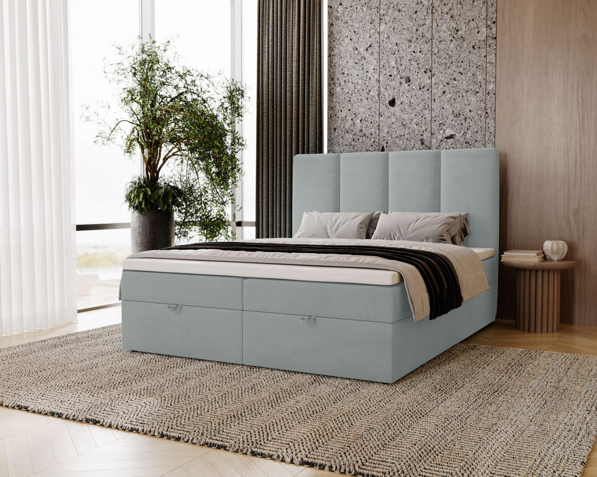 BOXBETT Malmo mit 2 Bettkästen, 120x200, Hellgrau, Velourstoff, Doppelbett mit Bonell-Matratze - Hellgrau, Holz/Kunststoff (120/200cm)