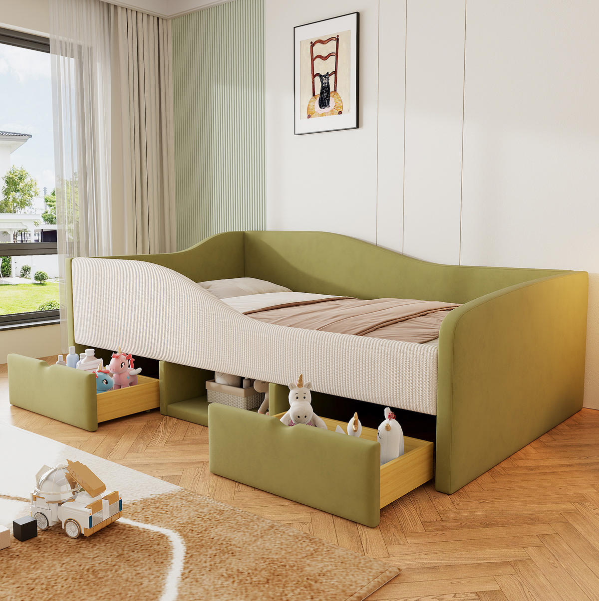 POLSTERBETT 90/190 cm Grün/Elfenbein aus Samt mit 2 Schubladen - Grün, Textil (90/190cm) - OKMYHOME