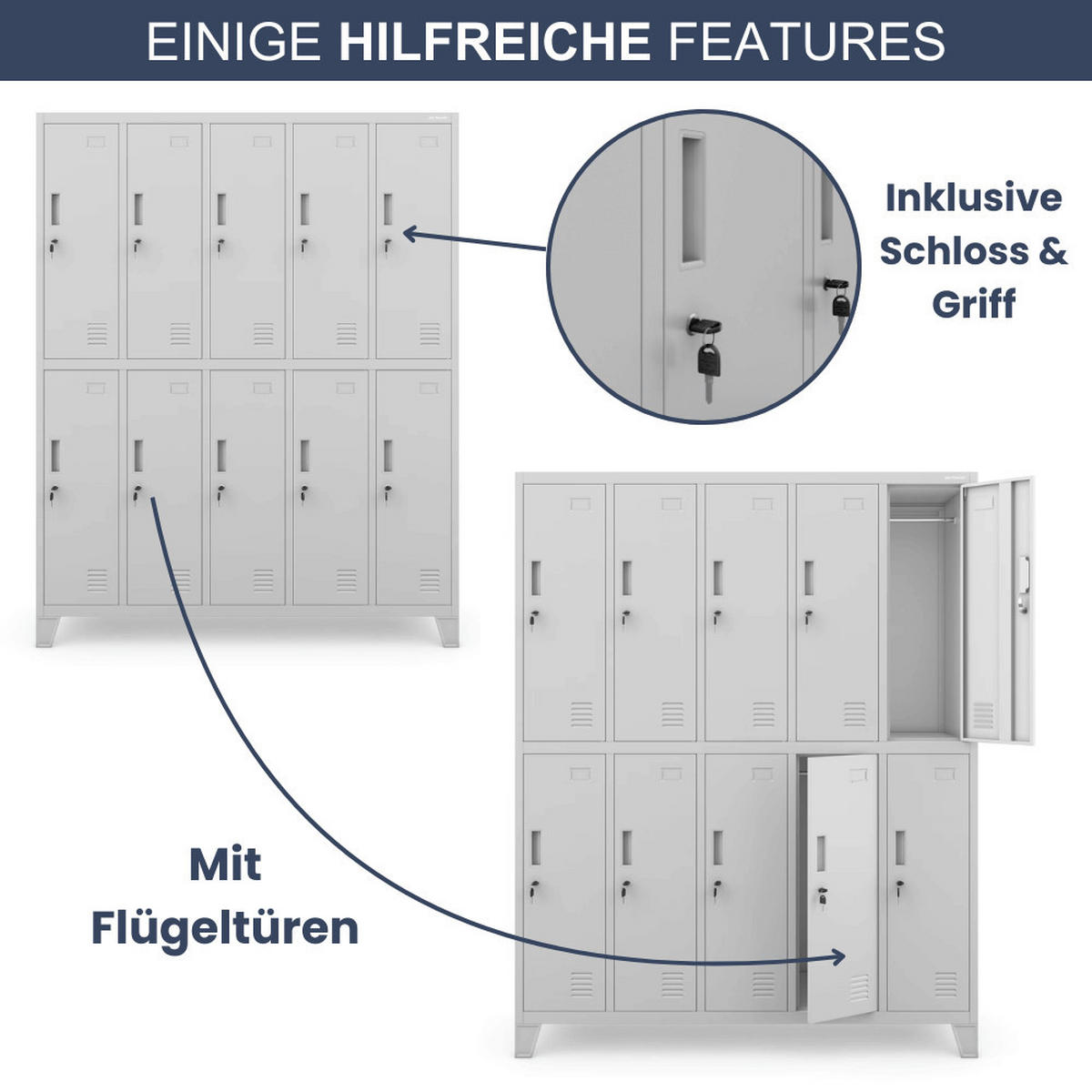 UMKLEIDESCHRANK Spind BERLIN 10 Abteile 172x136x45cm Grau - Grau, Metall (136/172/45cm) - DELUKE