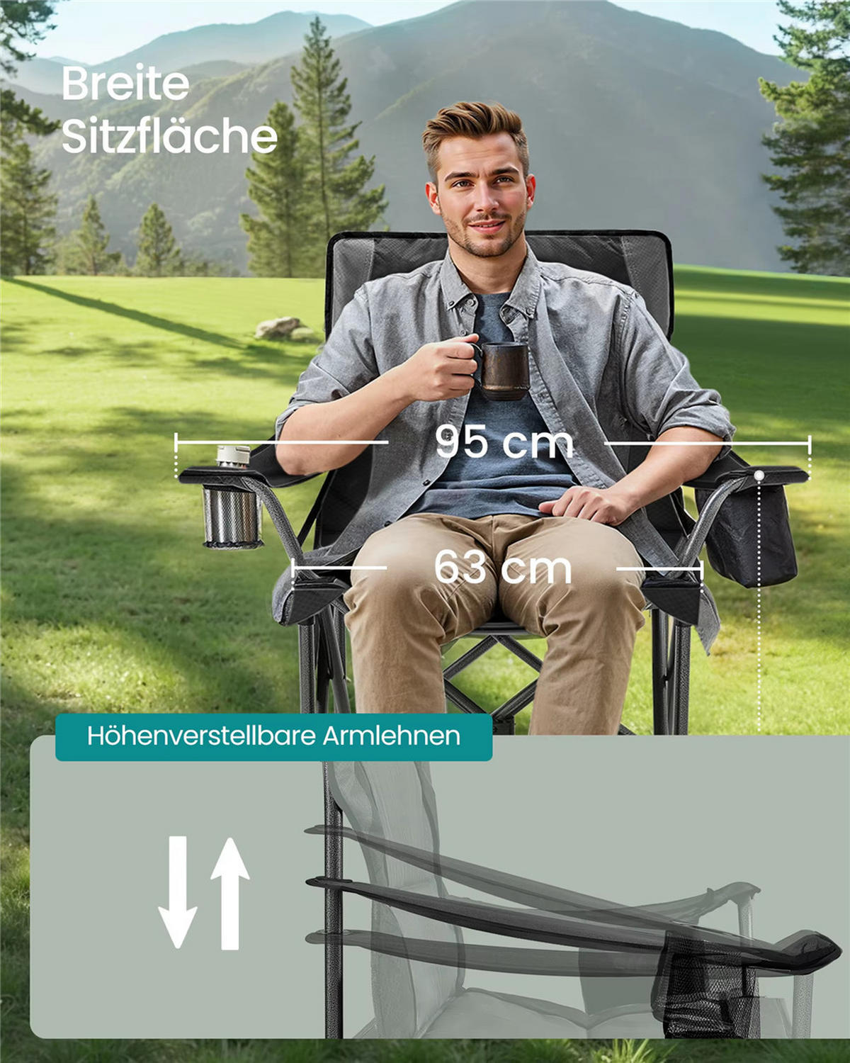CAMPINGSTUHL Klappstuhl mit Getränkehalter 205 kg - Schwarz, Metall (58/99.5/63cm) - Coonoor