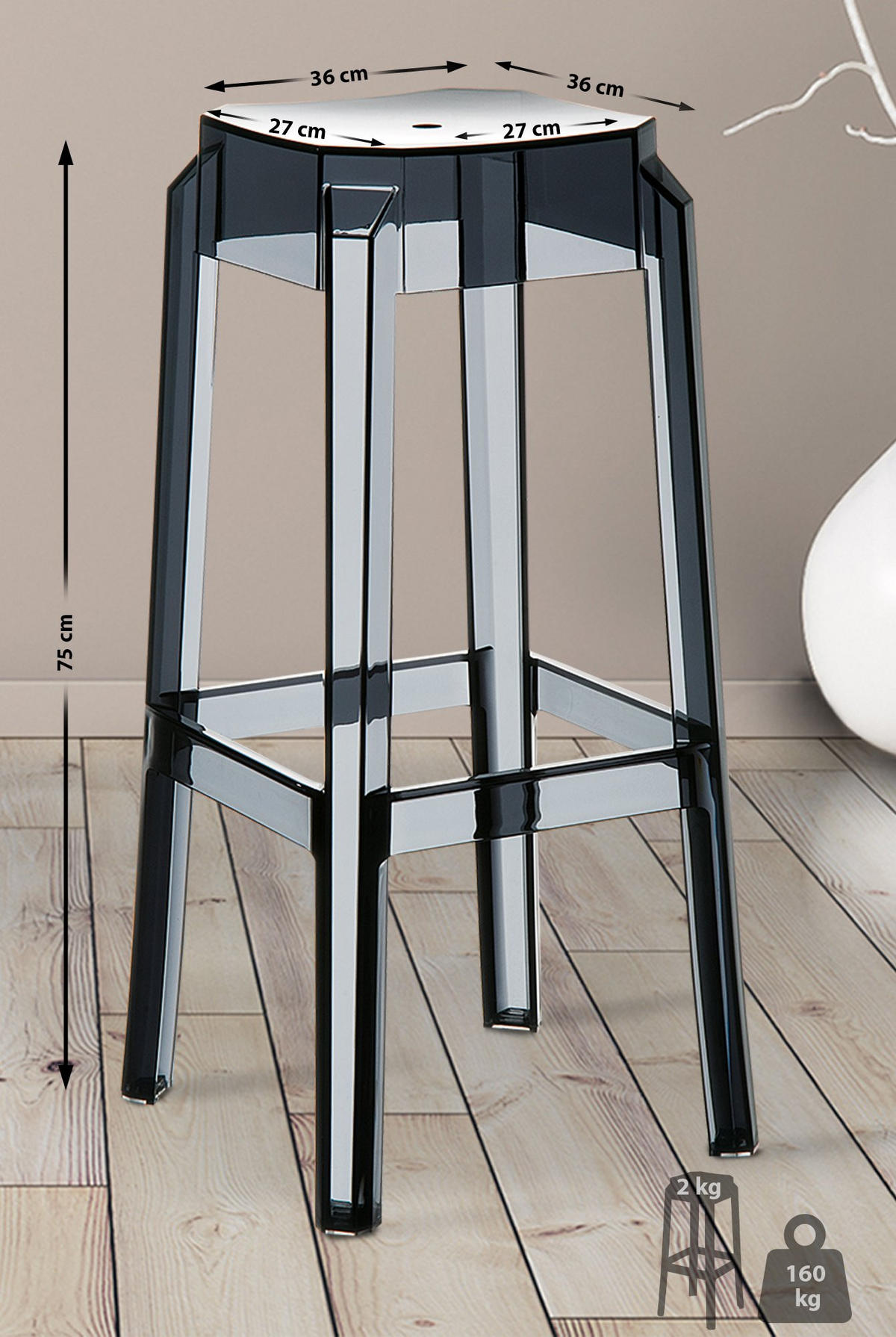 BARHOCKER 2er Set Kunststoff schwarz - Eukalyptusholzfarben/Schwarz, Kunststoff (36/75/36cm) - CLP