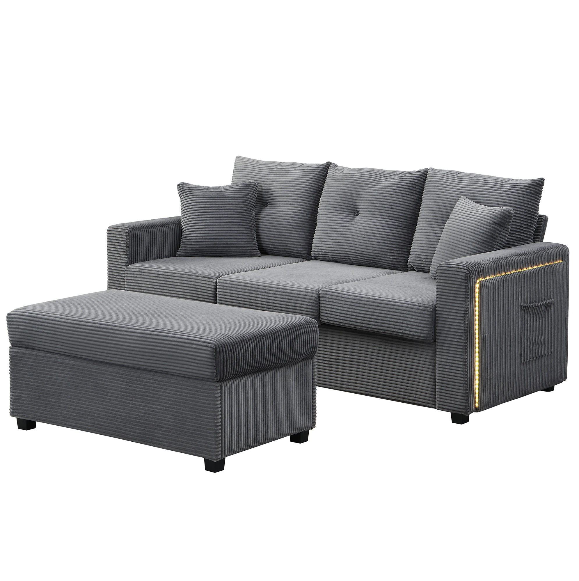 SOFA mit LED und Ottoman L-Form Cord Antique Gray 5-Kissen-Set - Grau, Kunststoff (184/85.5/84.5cm) - Meubliv