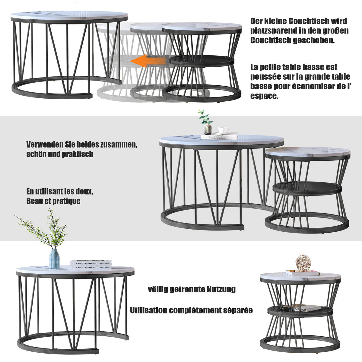 COUCHTISCH 2er Set Beistelltisch Rund, Schwarz - Schwarz, Metall (70/70/45cm)