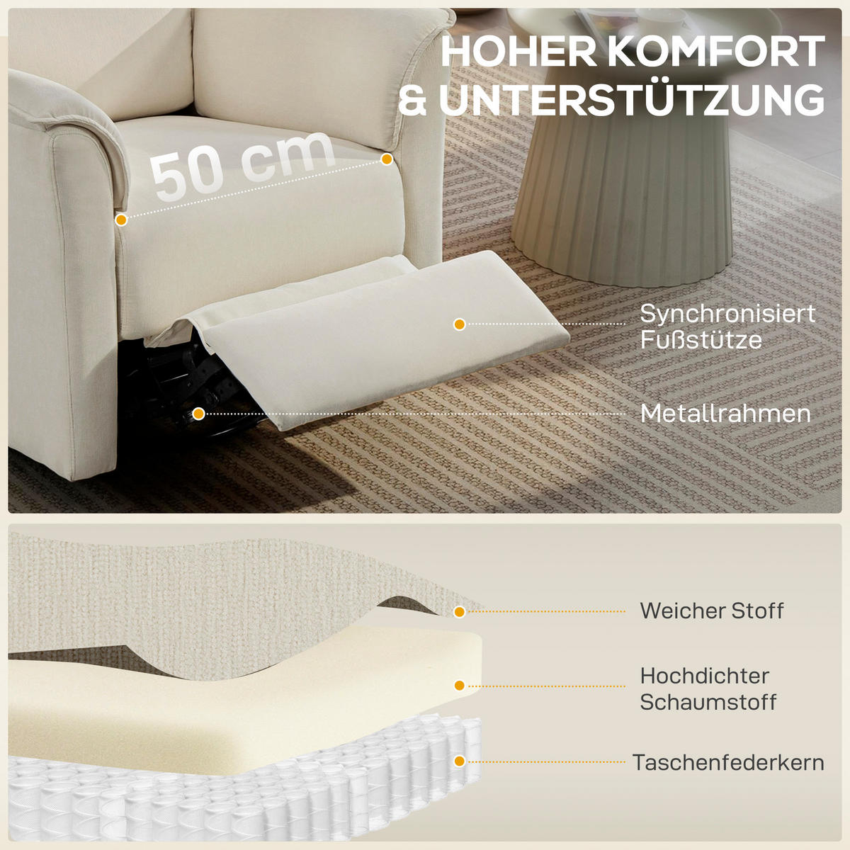RELAXSESSEL DE-06431 mit Liegefunktion, 135° neigbar, verstellbare Kopfstütze Cremeweiß - Creme, Holzwerkstoff/Textil (78/105/91cm) - ComfortXL