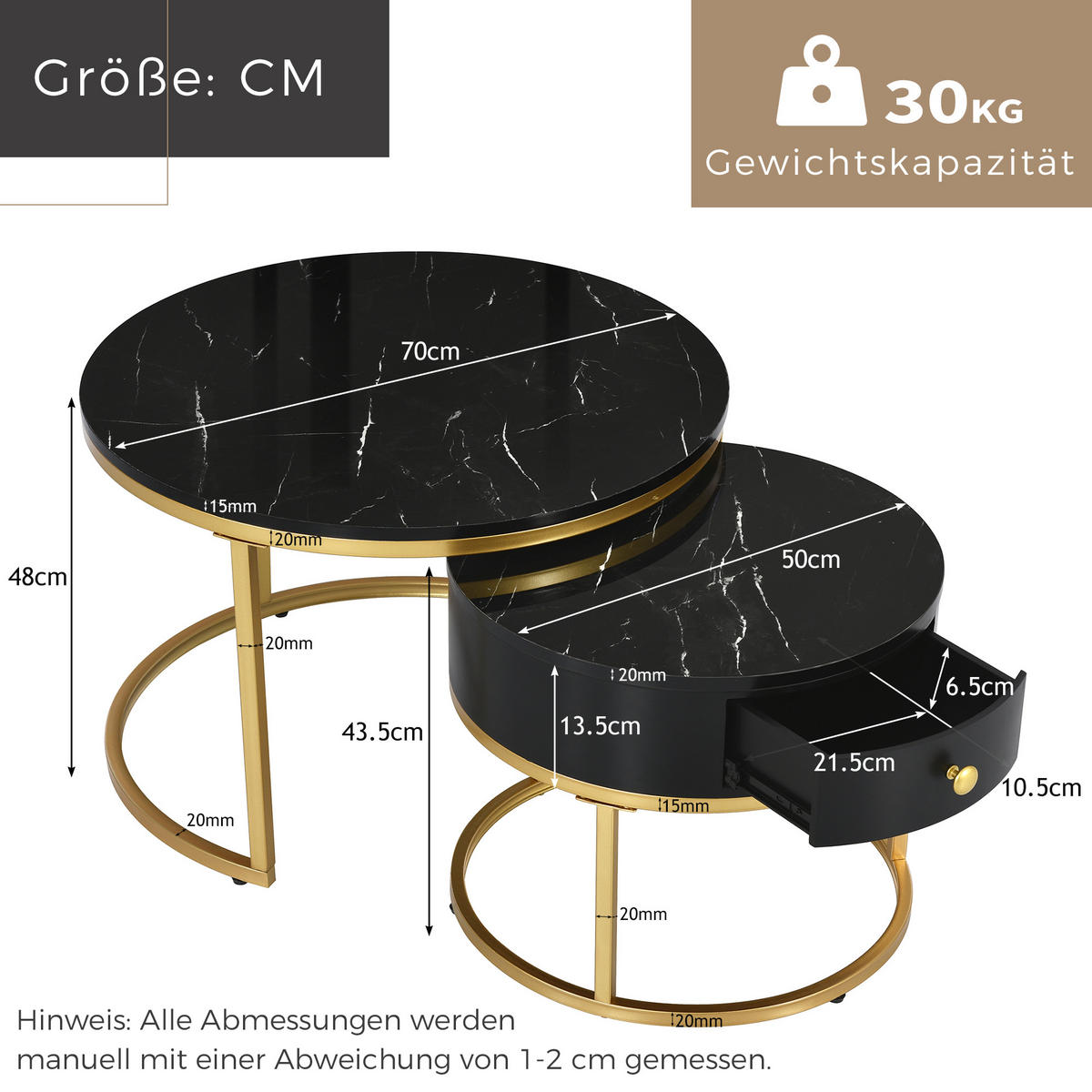 COUCHTISCH DE-221 Nesting Set Schwarz - Schwarz, Holzwerkstoff (70/70/48cm) - ComfortXL