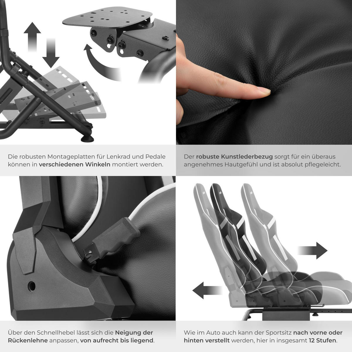SIM-RACING-COCKPIT Play, GT-Style Rennsitz,57 x 144 x 108,5 cm, schwarz - Schwarz, Metall (57/62/220cm) - tectake