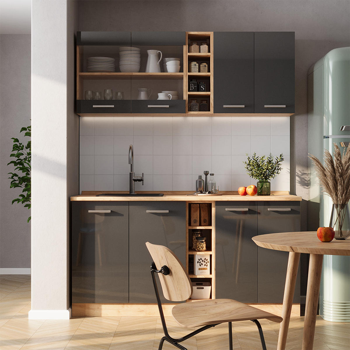 SINGLEKÜCHE R-Line Anthrazit Hochglanz/Goldkraft Eiche 160 cm AP Anthrazit - Honigeiche/Anthrazit, Holzwerkstoff (160/81.6/60cm) - Vicco
