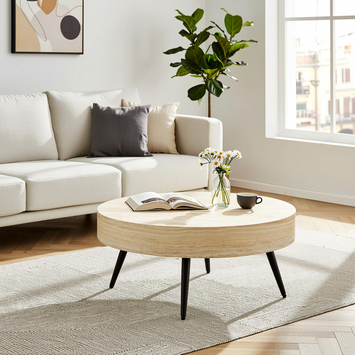 COUCHTISCH runder kaffeetisch travertin-optik - Naturfarben, Holzwerkstoff (70/70/35.5cm) - Urban Meuble