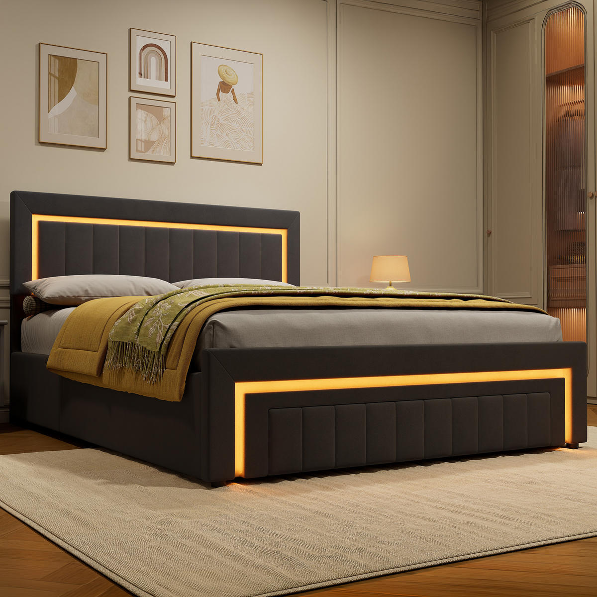 ČALOUNĚNÁ postel 160/200 cm tmavě šedá ze sametu s kovovou a dřevěnou konstrukcí a LED osvětlením a zásuvkami - tmavě šedá, textil (160/200cm) - OKWISH