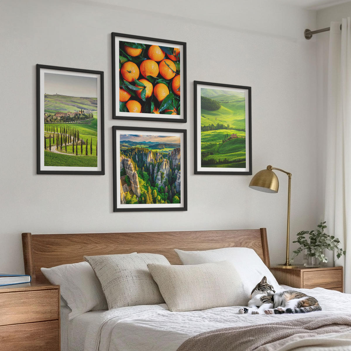 BILDER SET 4er Set - 50x50 cm & 40x60 cm Schwarzer Rahmen - Italienische Landschaft Orangen Natur - Schwarz, Kunststoff (50/50cm) - TULUP
