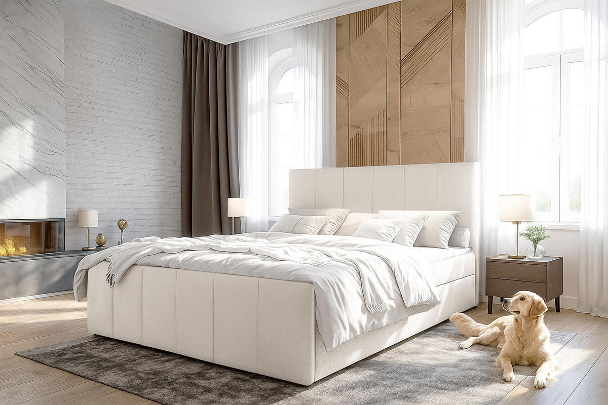 BOXBETT LEVENTE 160x200 cm mit Bettkasten und Matratze - Beige - Beige/Schwarz, Holz/Holzwerkstoff (160/200cm) - AX Living