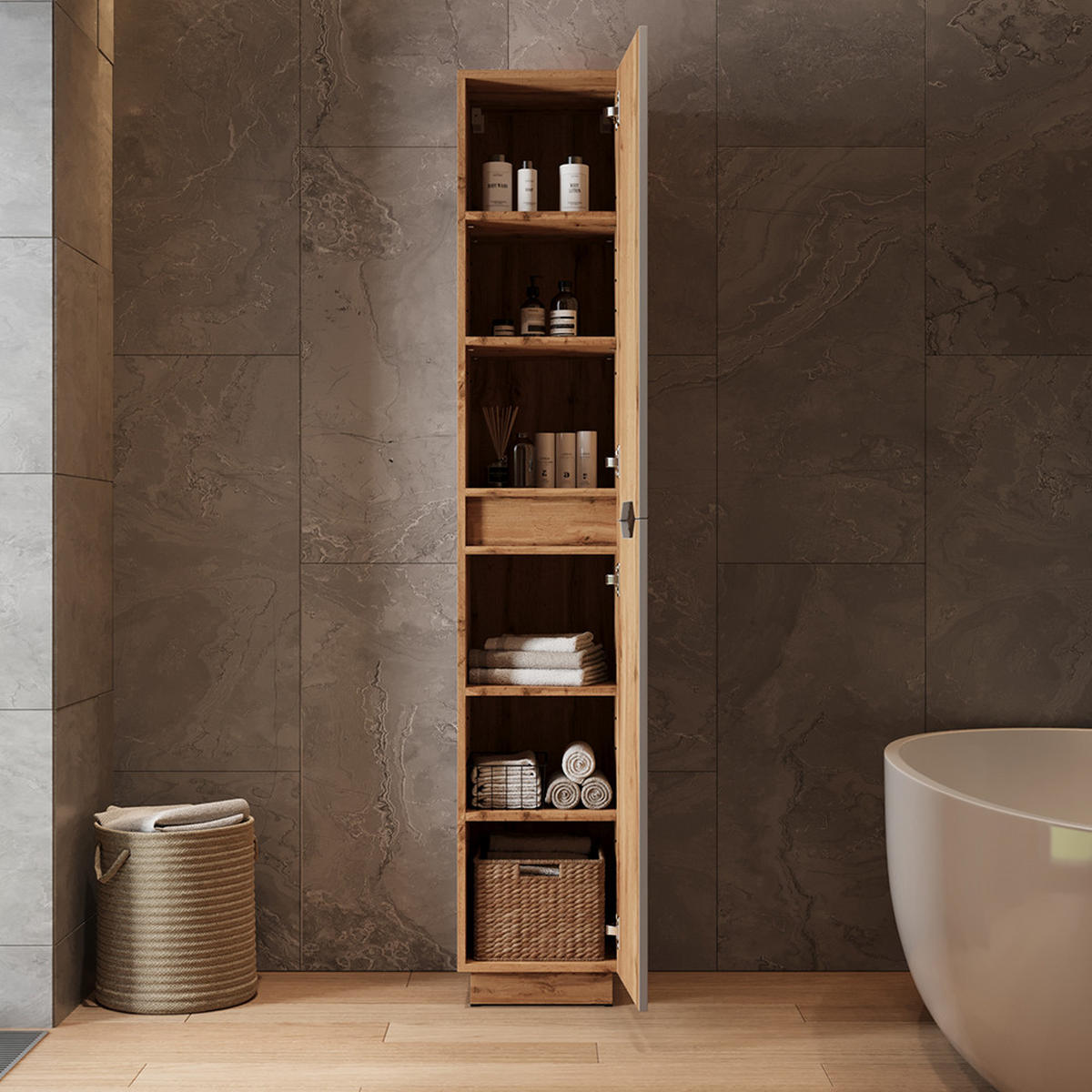 BADSCHRANK Lotta Eiche/grau gestreift 33 x 186 cm mit 2 Türen - Eichefarben/Grau, Holzwerkstoff (33/186/35cm) - Vicco