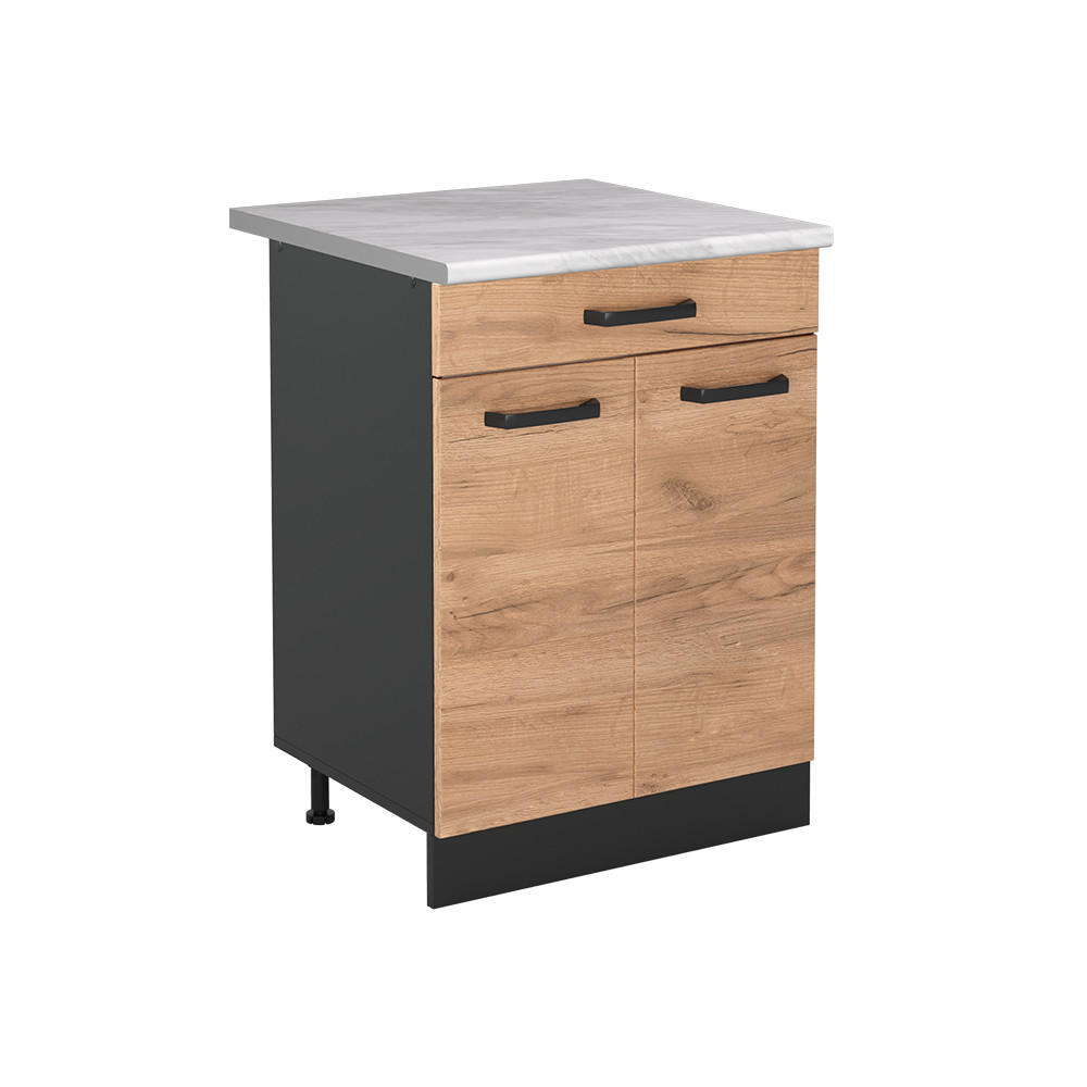 KÖKSUNDERSKÅP R-Line, Goldkraft ek/antracit, 60 cm med låda Marmuras stalviršis Honungsek, Antracit 81.6/60/60 cm