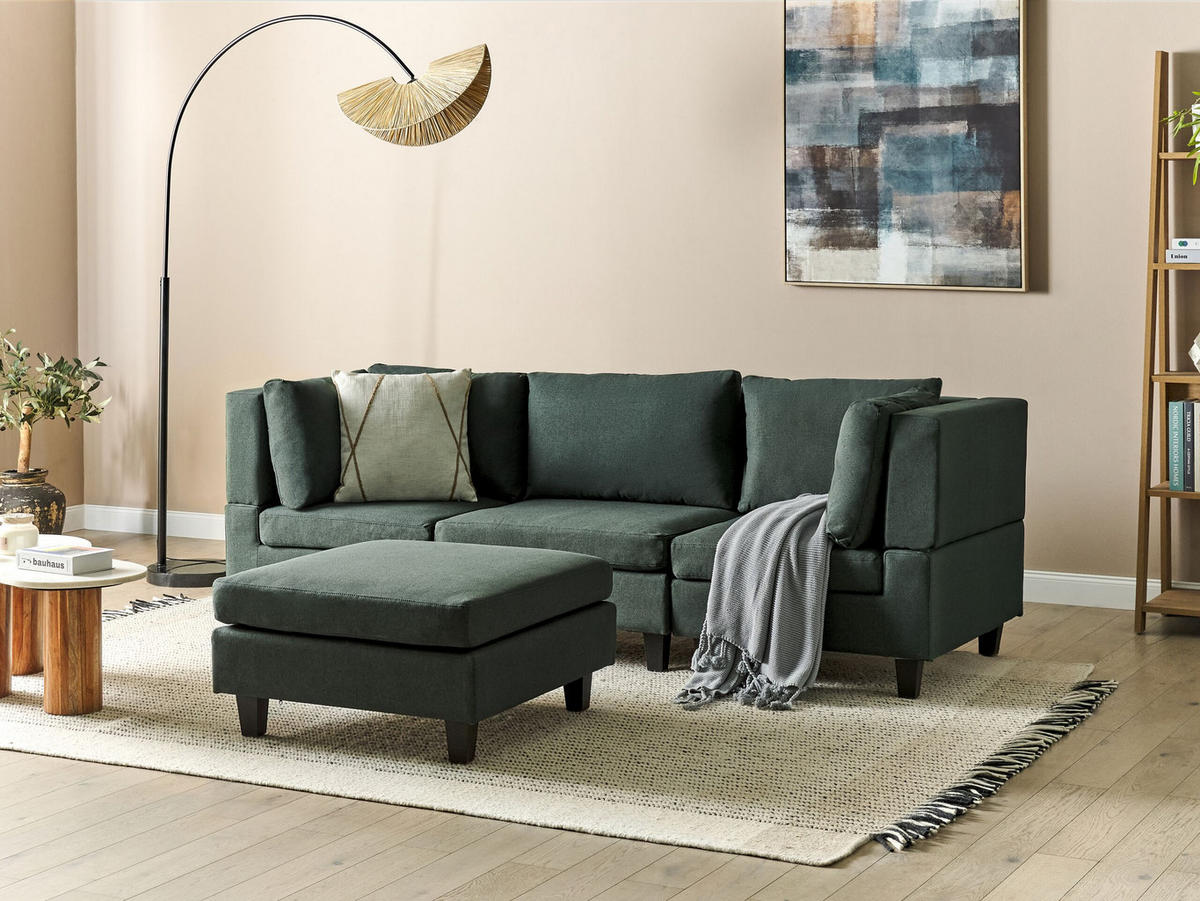 3-SITZER-SOFA Leinenoptik dunkelgrün mit Ottomane Unstad - Schwarz/Grün, Textil (228/72/76cm) - Beliani