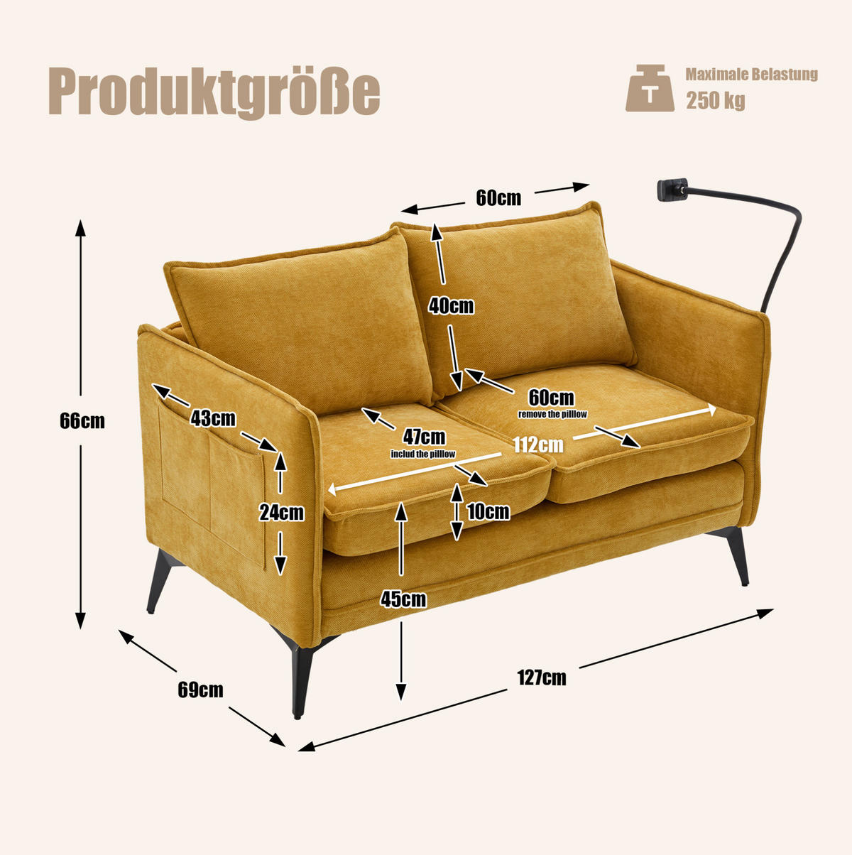 SOFA 2-Sitzer mit Handyhalterung und Ablagefächern Chenille Gelb 127/69/66 cm - Gelb, Textil (127/66/69cm) - OKWISH
