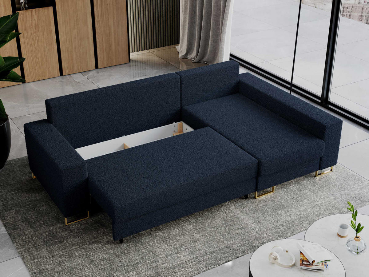ECKSOFA Dorian Boucle Dunkelblau - Goldfarben/Dunkelblau, Textil/Metall (242/138cm) - MKS