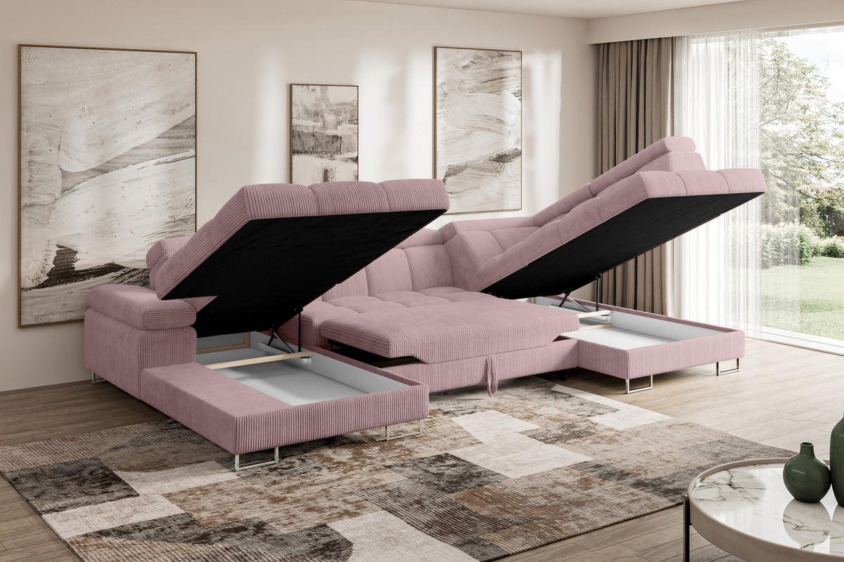 WOHNLANDSCHAFT mit Schlaffunktion und Bettkasten Ottomane RECHTS COMA U 345x203x79 Rosa Cord - Rosa, Holzwerkstoff/Textil (203/79/345cm) - ALTDECOR