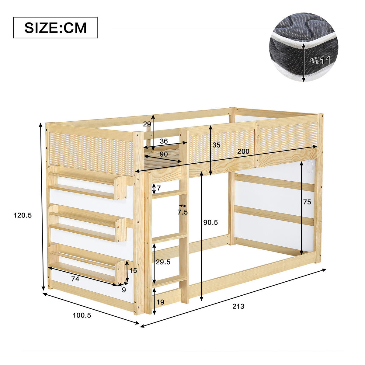 HOCHBETT 90/200 cm in Natur & Weiß mit LED, Ablagen und Treppe - Naturfarben, Holz/Holzwerkstoff (90/200cm) - WISHDOR