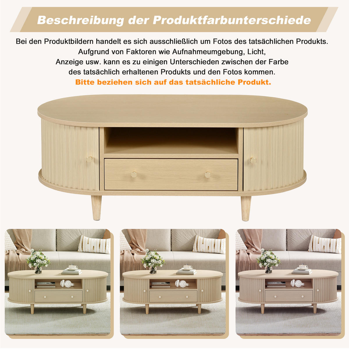 COUCHTISCH 100/50/36 cm holzfarben aus MDF mit Schublade und Rolltür - Eichefarben, Holzwerkstoff (100/50/36cm) - OKWISH