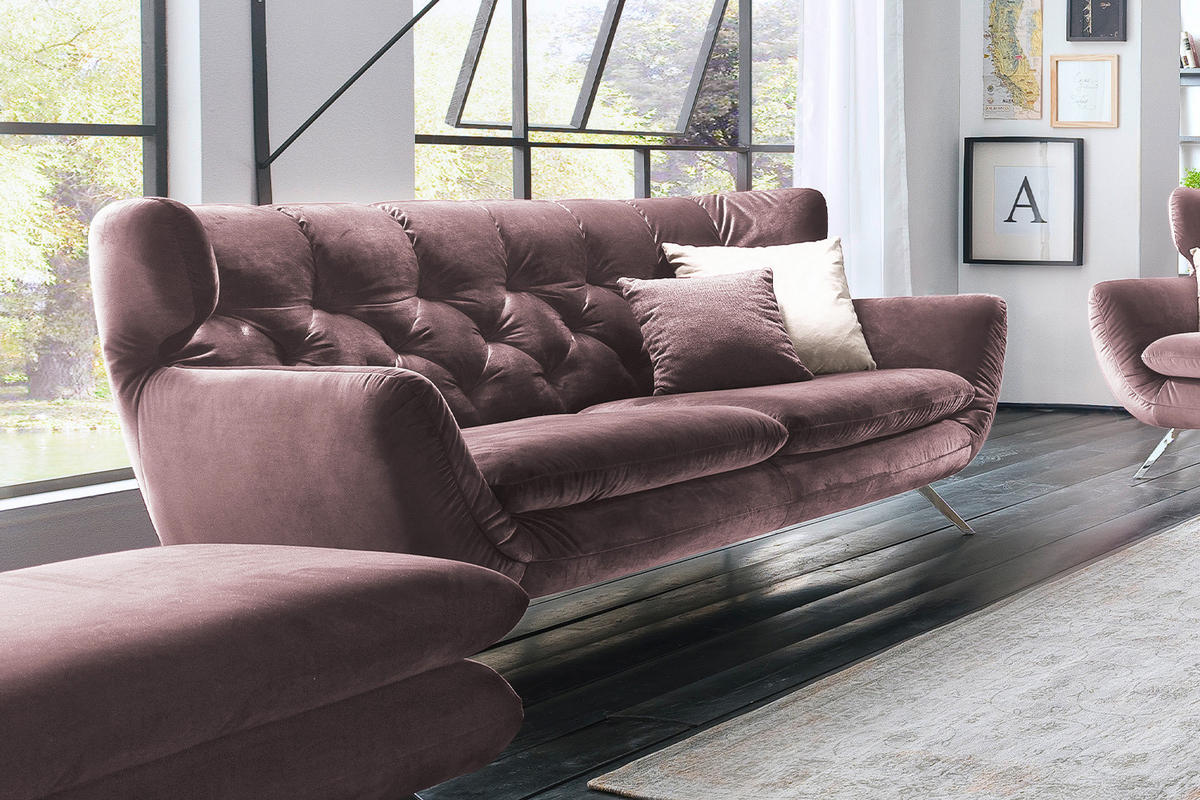 SOFA CHARME Grau Velvet - Silberfarben/Altrosa, Textil/Metall (175/94/95cm) - KAWOLA