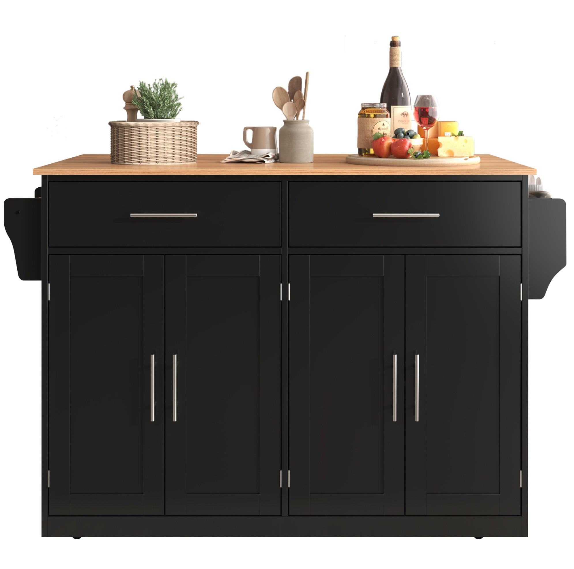 Modfu KUCHYŇSKÝ vozík z MDF 120x46(70)x91,5 cm černá/přírodní se sklopnou deskou, kolečky a dřevěnými nohami