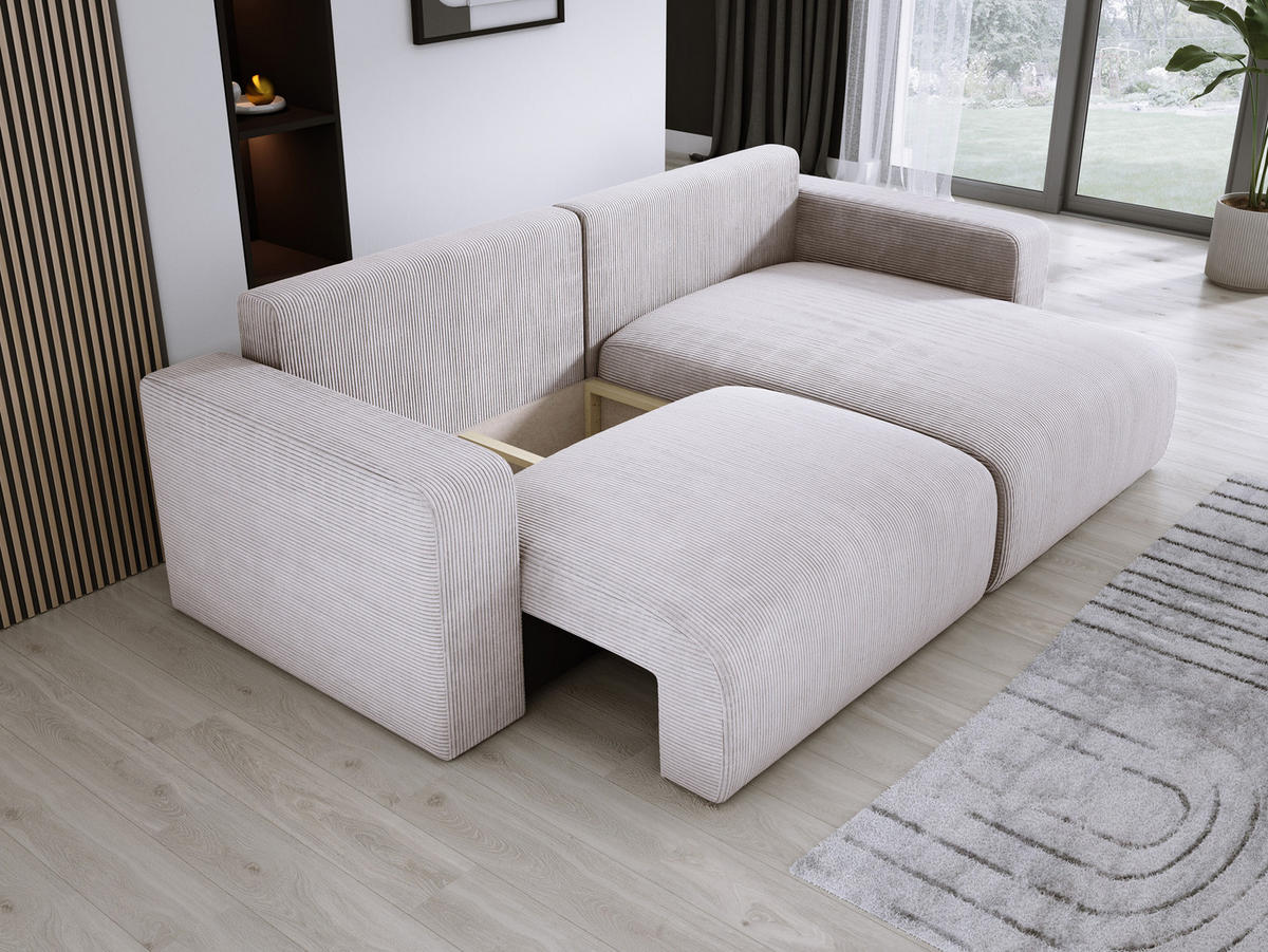 ECKSOFA Carl L-förmig Schlaffunktion und Bettkasten weicher Cordstoff flexibel stellbar lose Rückenkissen freistehend RECHTS 247x143x83cm Greige - Greige, Holz/Textil (247/143cm) - DomoHome