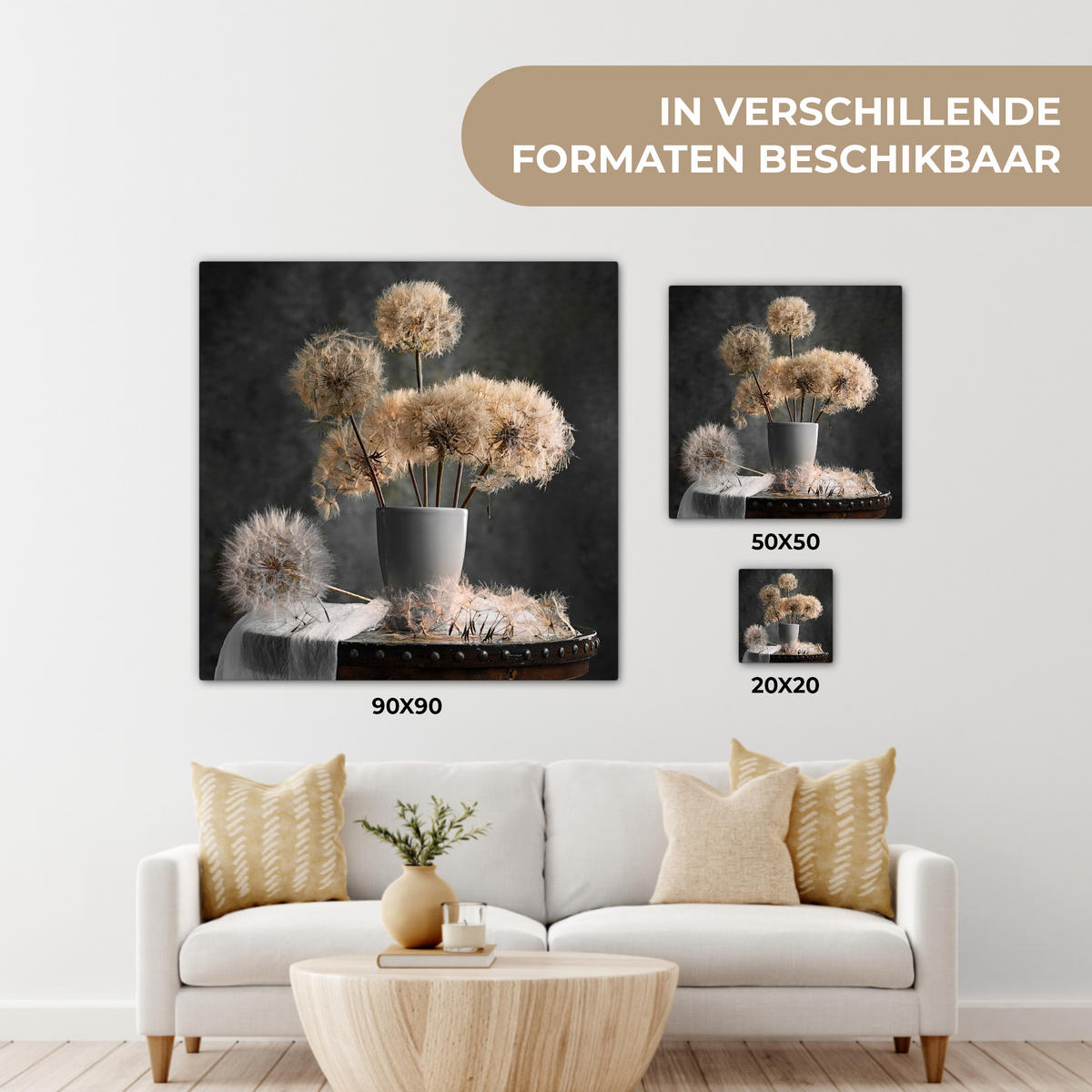 LEINWANDBILD Blumensamen - Löwenzahn - Vase - Stilleben - Blumenstrauß Deko Groß 90x90 cm - Dunkelgrau, Textil (90/90cm) - MuchoWow