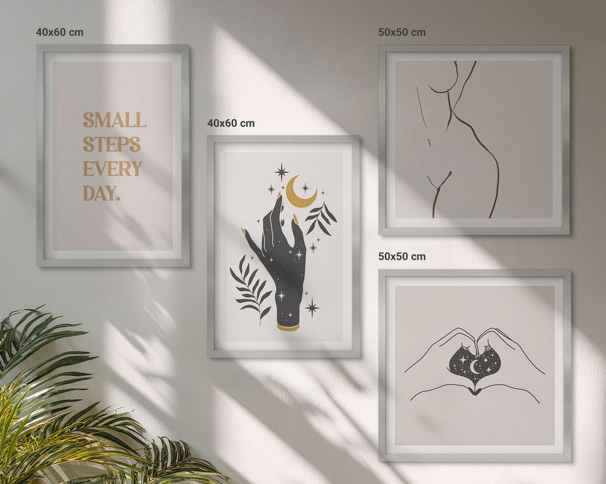 BILDER SET 4er Set - 50x50 cm & 40x60 cm Silberner Rahmen - Minimalistische Boho-Illustrationen - Silberfarben, Kunststoff (50/50cm) - TULUP
