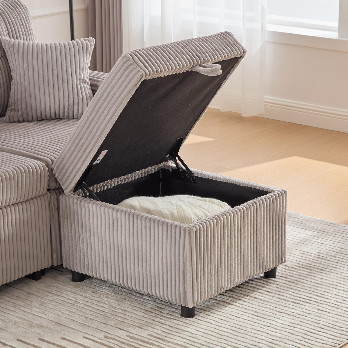 SCHLAFSOFA Cord Hellgrau mit Schlaffunktion, Stauraum, LED und USB-C - Hellgrau, Holzwerkstoff/Textil (196/85/144cm) - WISHDOR