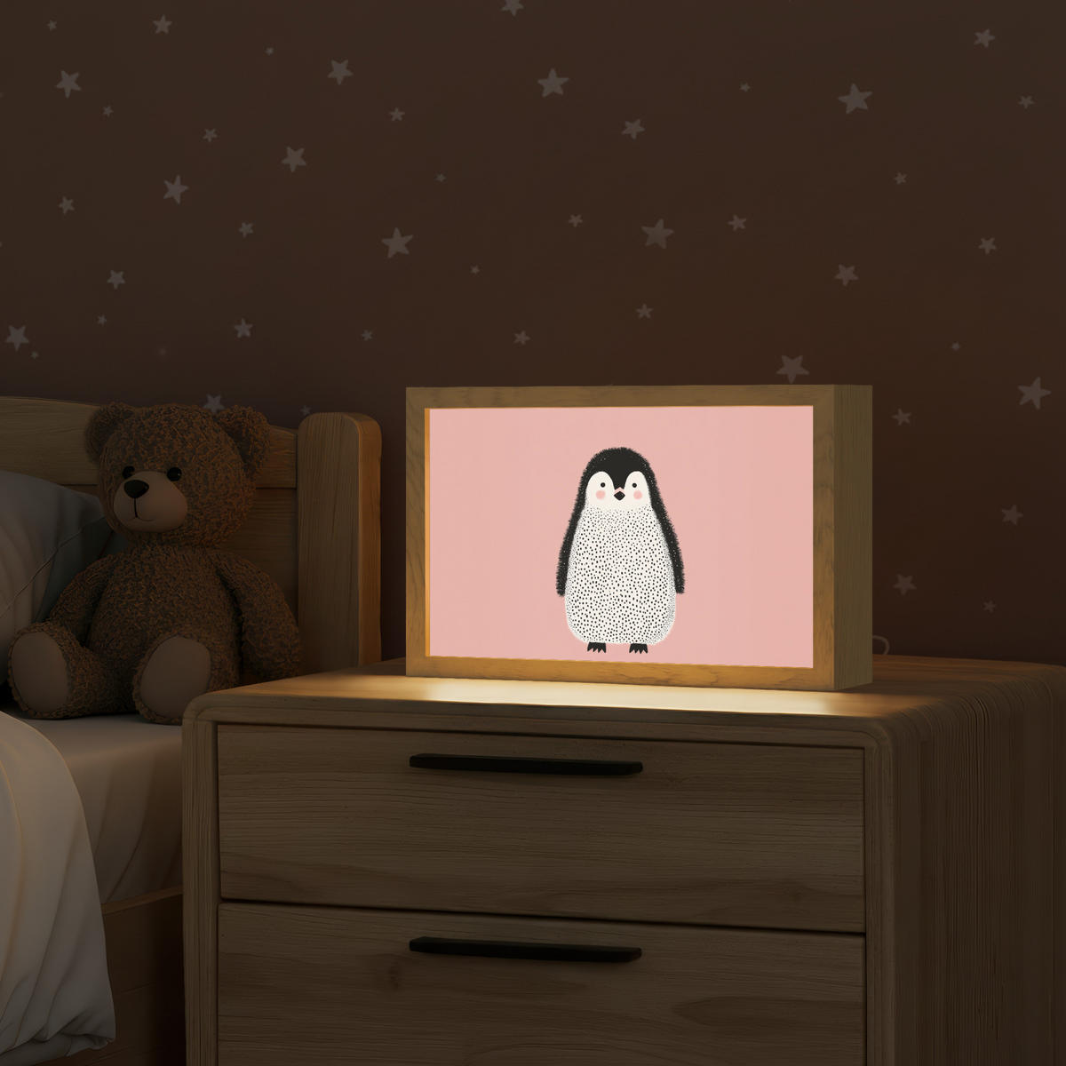 NACHTTISCHLAMPE Pinguin - Punkte - Minimalistisch - Rosa 30x20 cm - Rosa, Holzwerkstoff (8/30/20cm)