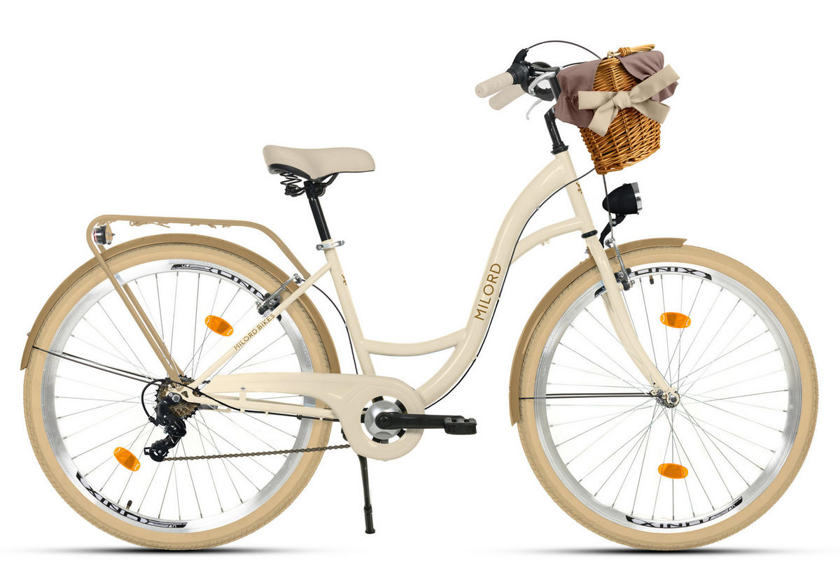 CITY-FAHRRAD Milord mit Weidenkorb, 28 Zoll, Creme-Braun, 7-Gang - Creme/Braun, Metall (46cm) - Milordbikes