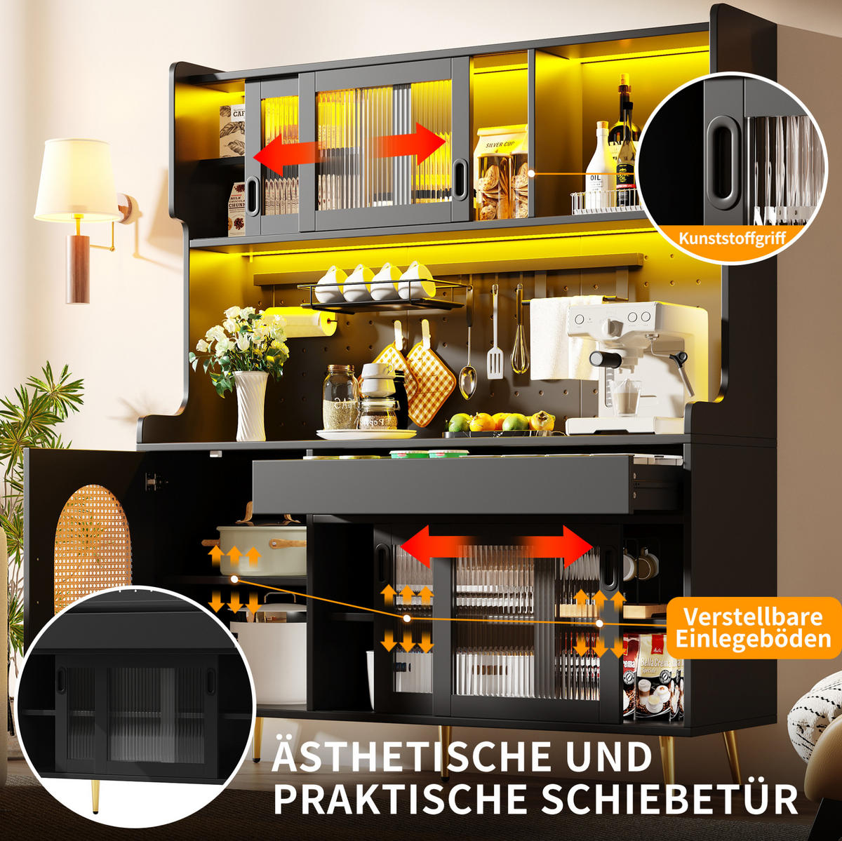 BUFFETSCHRANK 145/39/171 cm schwarz aus MDF mit LED-Lichtleiste - Schwarz, Holzwerkstoff (145/171/39cm) - OKWISH