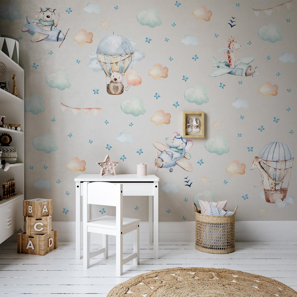 WANDAUFKLEBER SET für Kinder Tiere Wolken Flugzeuge Sterne 60x30 - Gelb/Beige, Papier (60/30/1cm) - Muralo