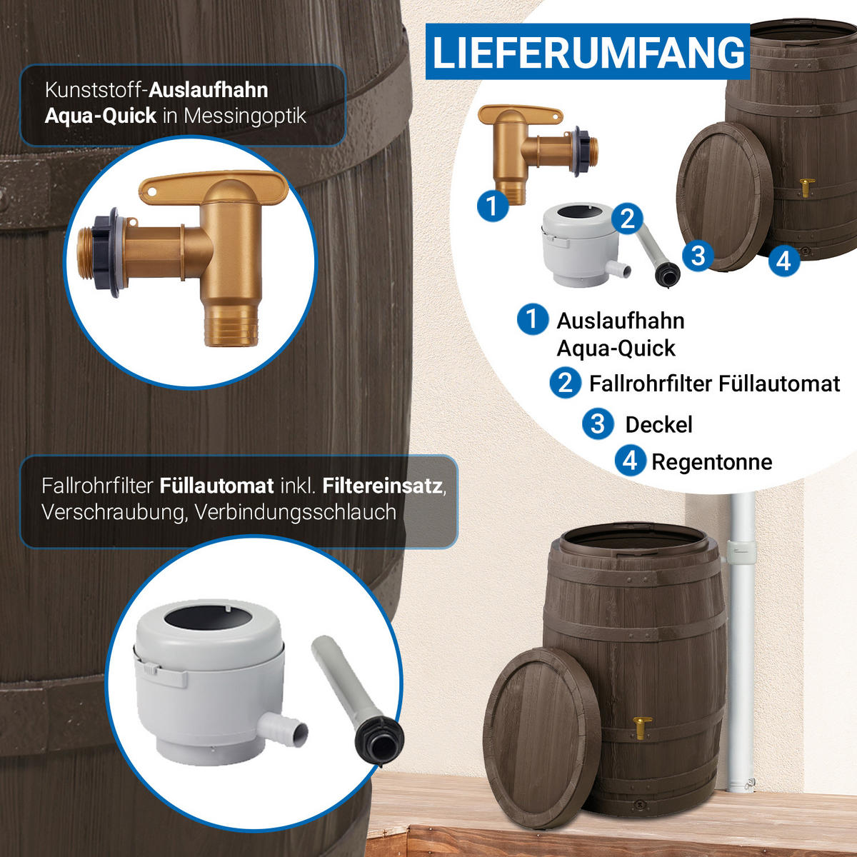 REGENFASS Komplett-Set 250 L braun inkl. Kunststoff-Auslaufhahn und Fallrohranschluss - Braun, Kunststoff (65/93/66cm) - 4rain
