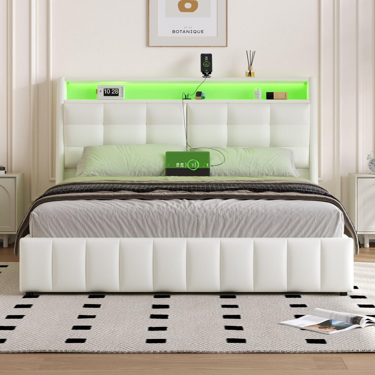 POLSTERBETT 160/200 cm Weiß mit LED-Beleuchtung USB-Anschlüssen und Stauraum - Weiß, Textil (160/200cm) - OKWISH