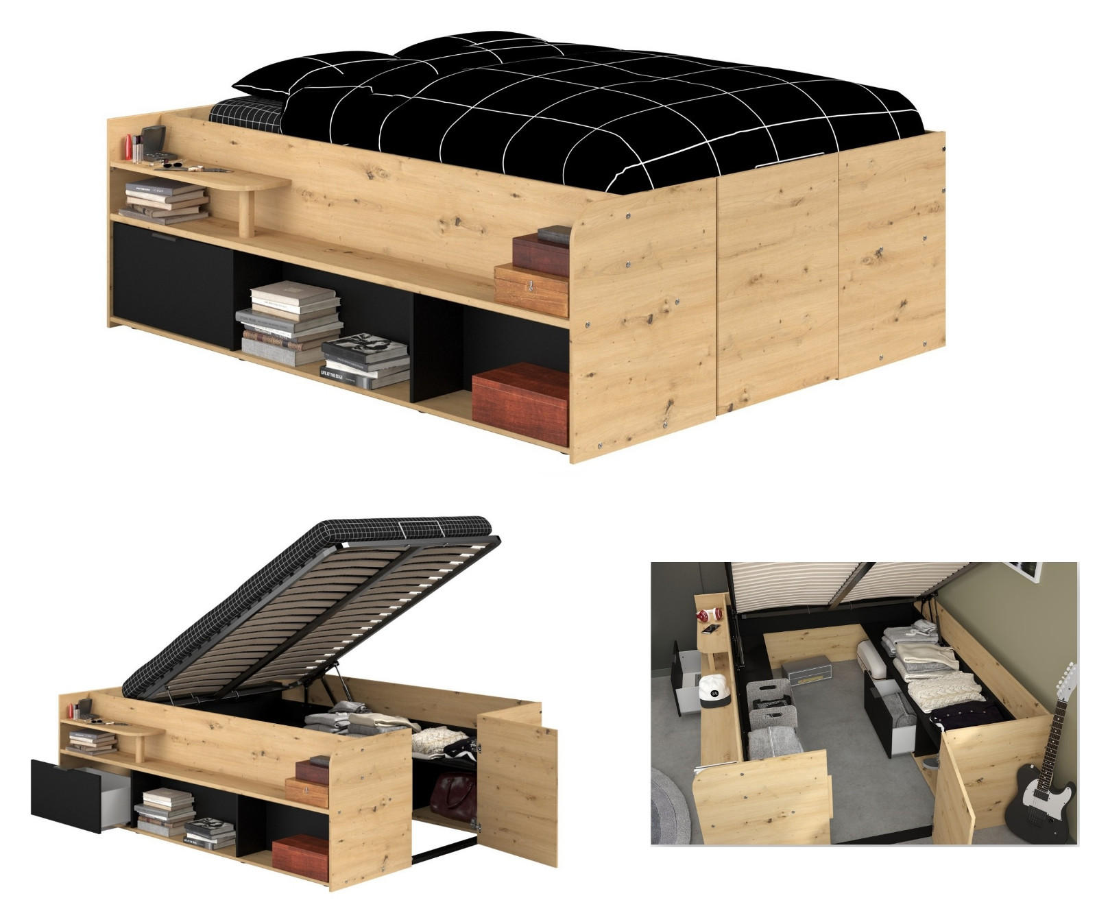 STAURAUMBETT Jugendzimmer Bett 140x200 hydraulischer Bettkasten - Schwarz/Naturfarben, Holz/Holzwerkstoff (140/200cm) - Parisot Meuble