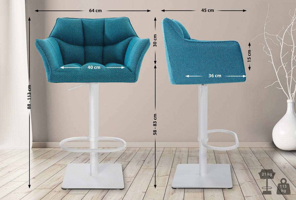 BARHOCKER 2er Set Damaskus Stoff weiß türkis - Blau/Weiß, Textil/Metall (64/110/48cm) - TPFLiving