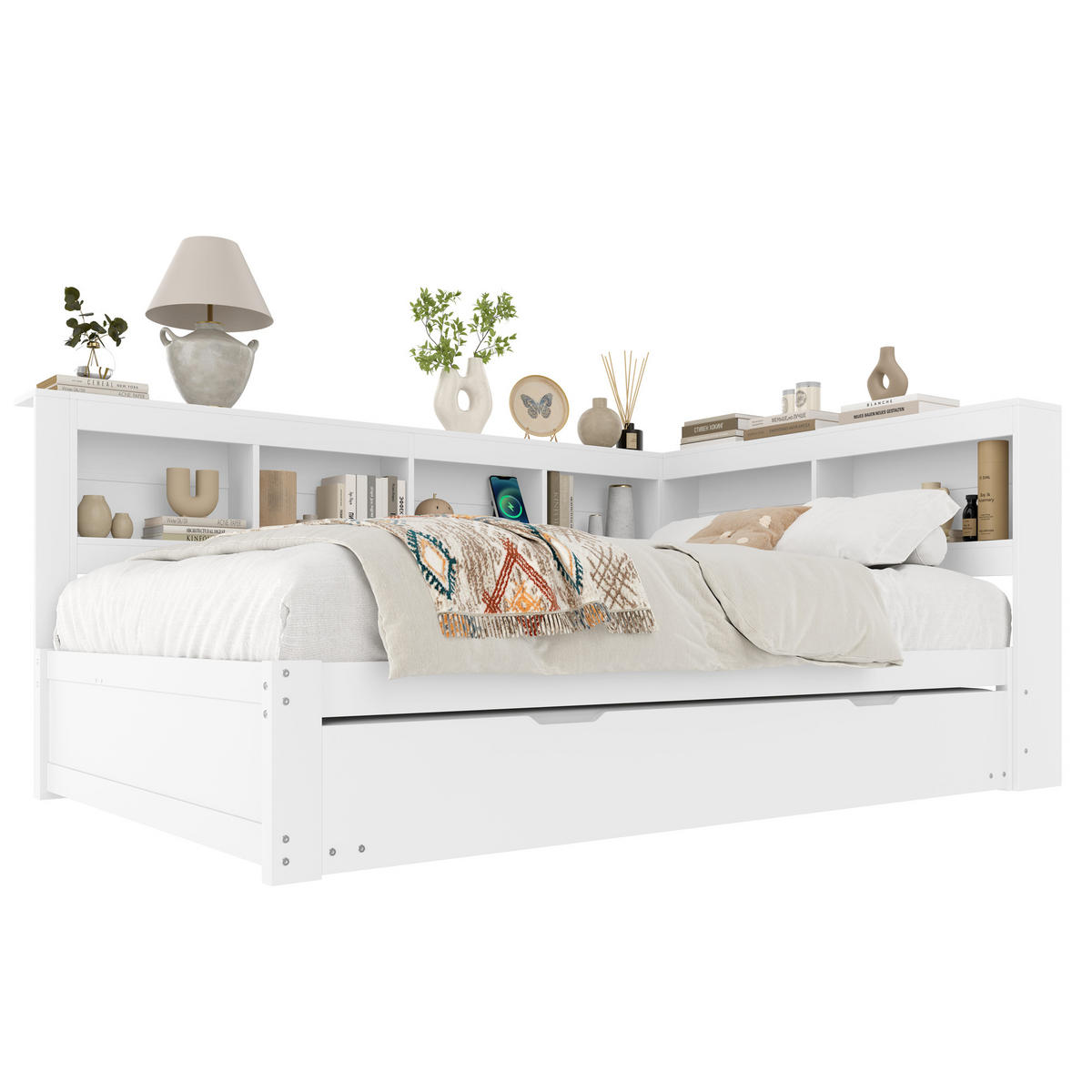 MULTIFUNKTIONSBETT 140/200 cm Weiß mit ausziehbarem Bett und USB-Anschlüssen - Weiß, Holz (140/200cm) - OKWISH
