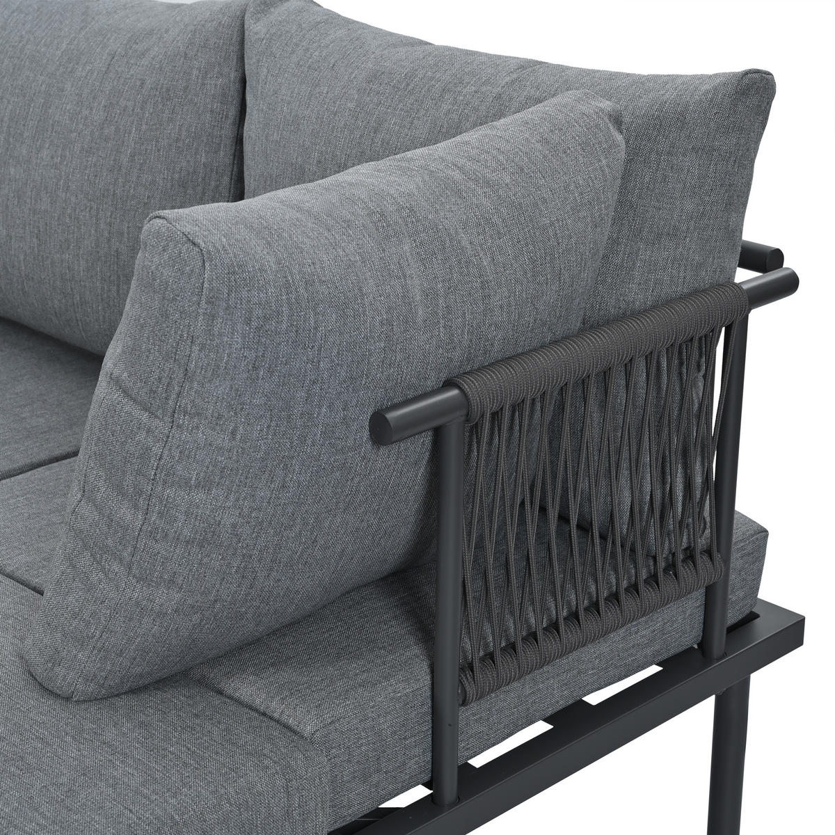 LOUNGESET Grau+Schwarz Eck Mit Sofa Couchtisch Hocker - Schwarz, Kunststoff - FLIEKS