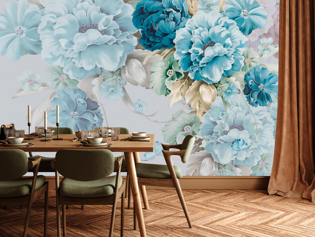 FOTOTAPETE für Schlafzimmer Blaue Pfingstrosen Zart Blumen Boho 450x315 - Blau/Gelb, Papier (450/315cm) - Muralo