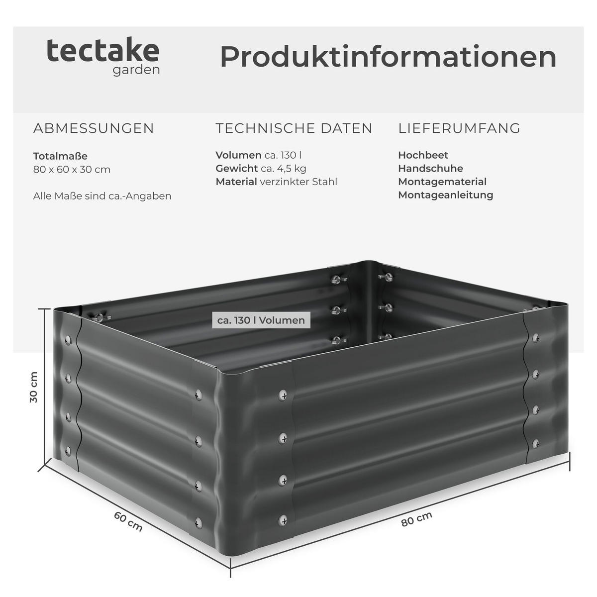 HOCHBEET Salvia verzinkt, 80 x 60 x 30 cm, 130 l, Stahl grau, inkl. Handschuhe - Grau, Metall (60/30/80cm) - tectake