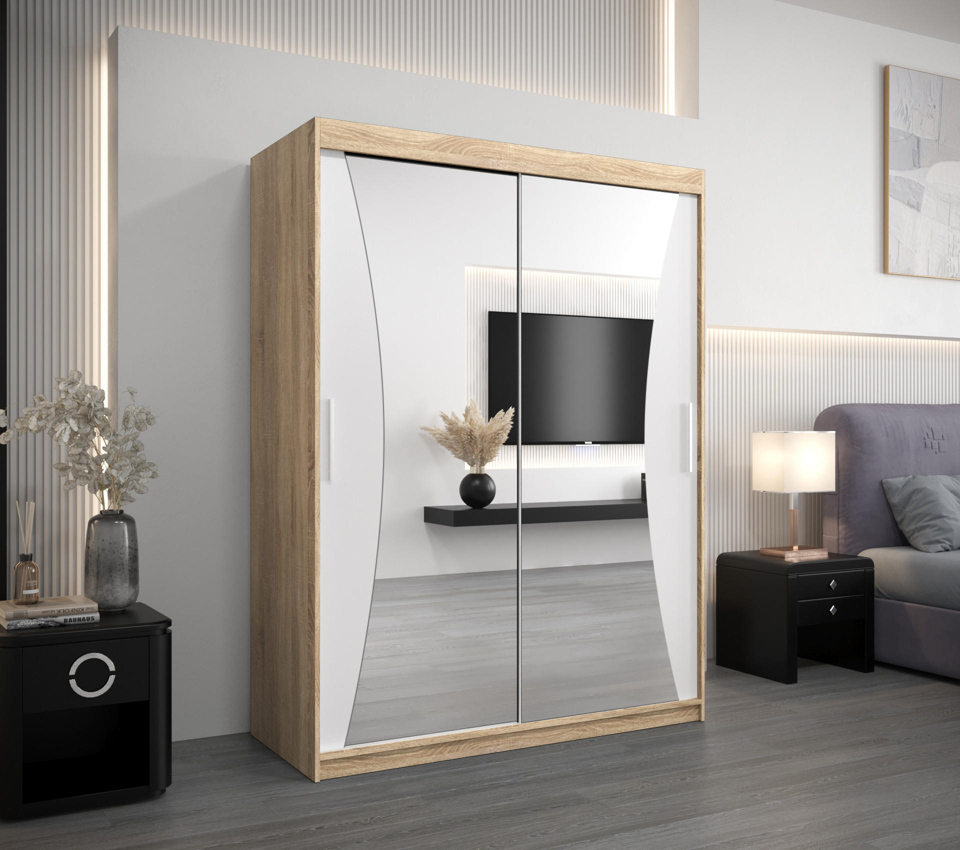 SCHWEBETÜRENSCHRANK 200/150/62 2-türig - Silberfarben/Weiß, Holz/Kunststoff (150/200/62cm) - Abiks Möbel