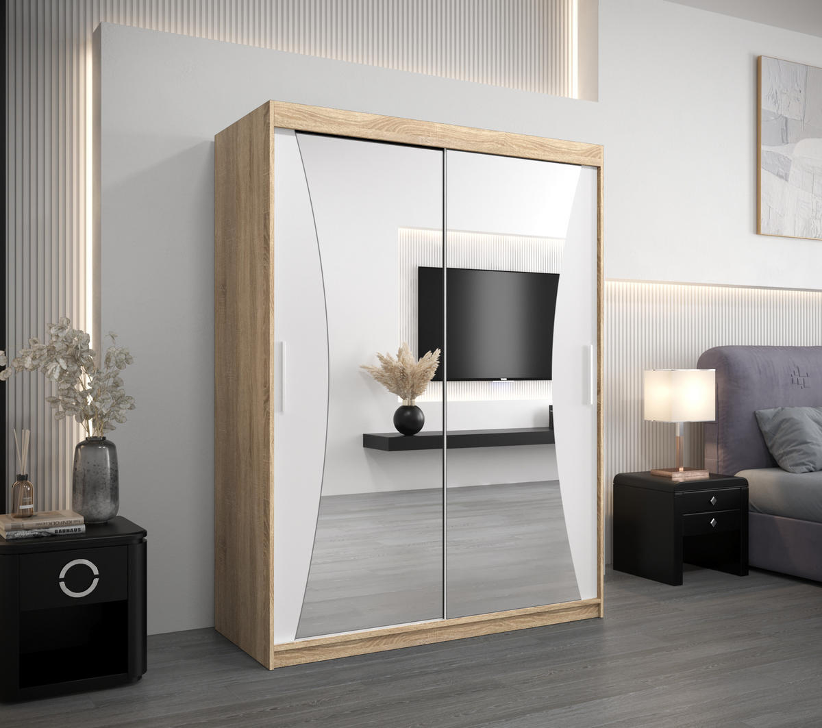 SCHWEBETÜRENSCHRANK 200/150/62 2-türig - Silberfarben/Weiß, Holz/Kunststoff (150/200/62cm) - Abiks Möbel