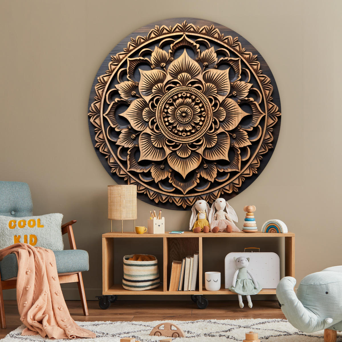 WANDBILD Mandala - Holz - Blumen - Braun 140x140 cm - Gelb, Kunststoff (140/140cm) - MuchoWow