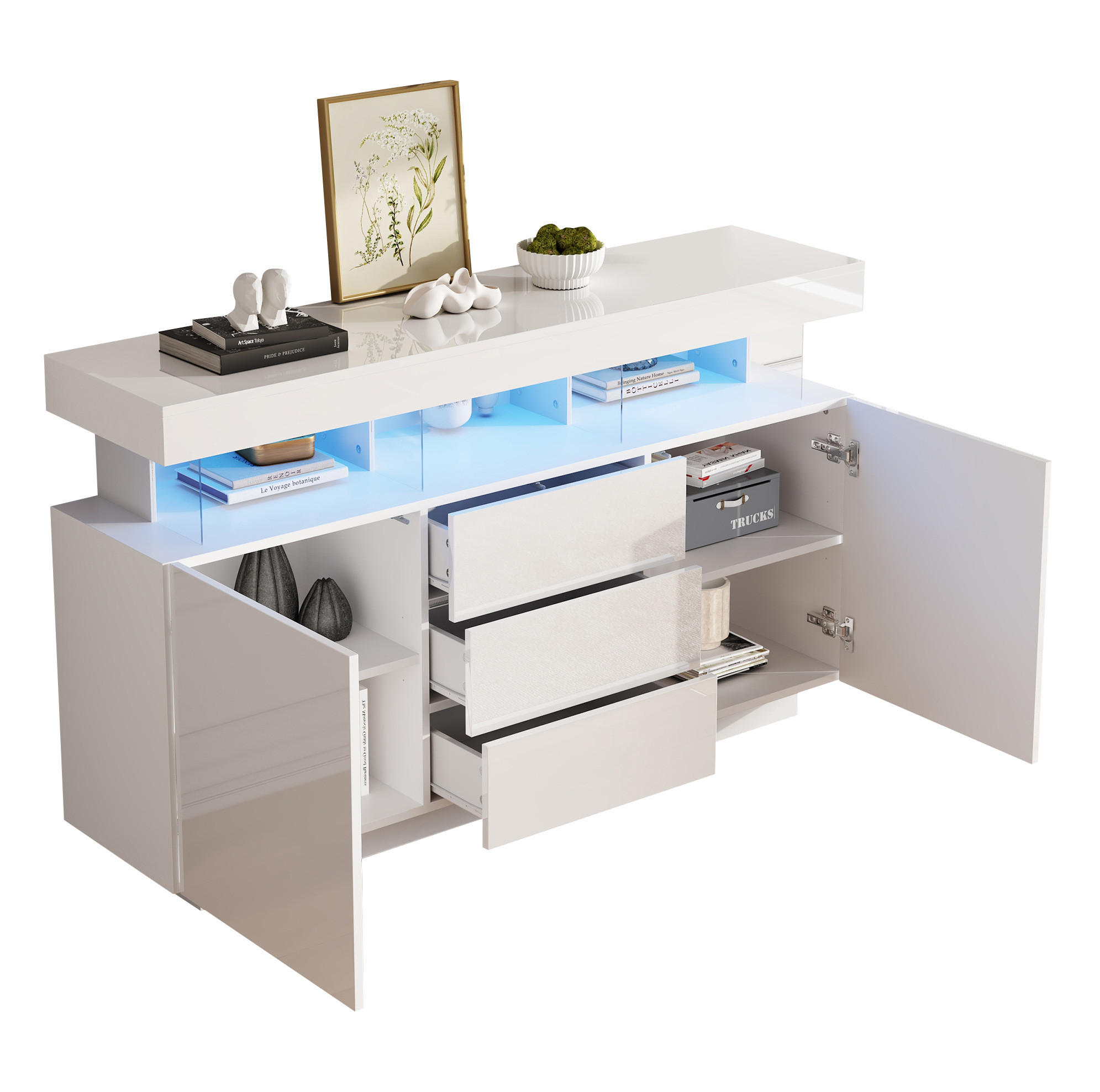 SIDEBOARD 140/35/80 cm in Weiß Hochglanz mit 3 Schubladen & LED-Beleuchtung - Weiß, Holzwerkstoff (140/80/35cm) - BEAOK